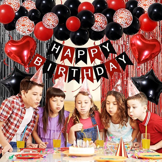 Red and Black Birthday Decorations, Happy Birthday Banner, Confetti Balloons, Fringe Curtain, Heart Star Foil Balloons, Hanging Swirls for Women Girls Princess Party Decorations