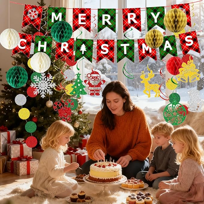 Christmas Party Decorations, Xmas Party Supplies, Merry Christmas Banner, Honeycomb Balls, Xmas Theme Hanging Swirls, Circle Dots Garland, for Outdoor Indoor Home Mantle Fireplace Decor