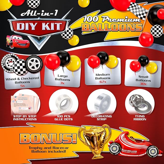 ALL-IN-1 Race Car Balloon Arch Kit & Garland with BONUS Trophy & Number 2 - Race Cars Balloons for Lightning McQueen Race Car Birthday Party Supplies & Boy Cars Theme Birthday Party Decorations