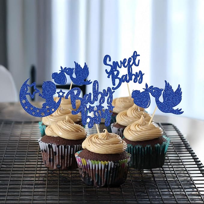 24Pcs Sweet Baby Boy Cupcake Toppers Moon Star Glitter Baby Shower Cupcake Picks Decorations for Gender Reveal Baby Shower Kids Boys Birthday Party Supplies Deep Blue