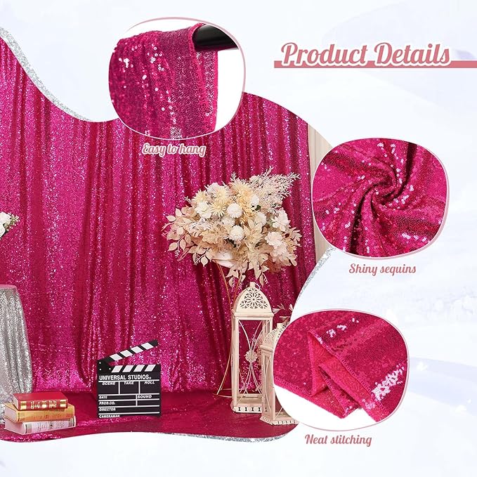 Hot Pink Sequin Backdrop Curtain,Glitter Photo Backdrop Curtain for Bithday Party Decoration
