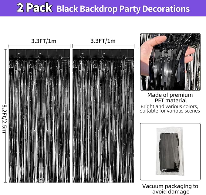 Black Fringe Backdrop Party Decorations 3.3 x 8.2 ft, 2 Pack Foil Fringe Curtains Door Streamers, Black Tinsel Backdrop for Birthday Halloween Twilight Bachelorette Decor