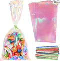HRX Package 120pcs Iridescent Cellophane Treat Bags with Ties, 6x12 inch Holographic Plastic Goody Bags for Candy Party Favors Small Gifts