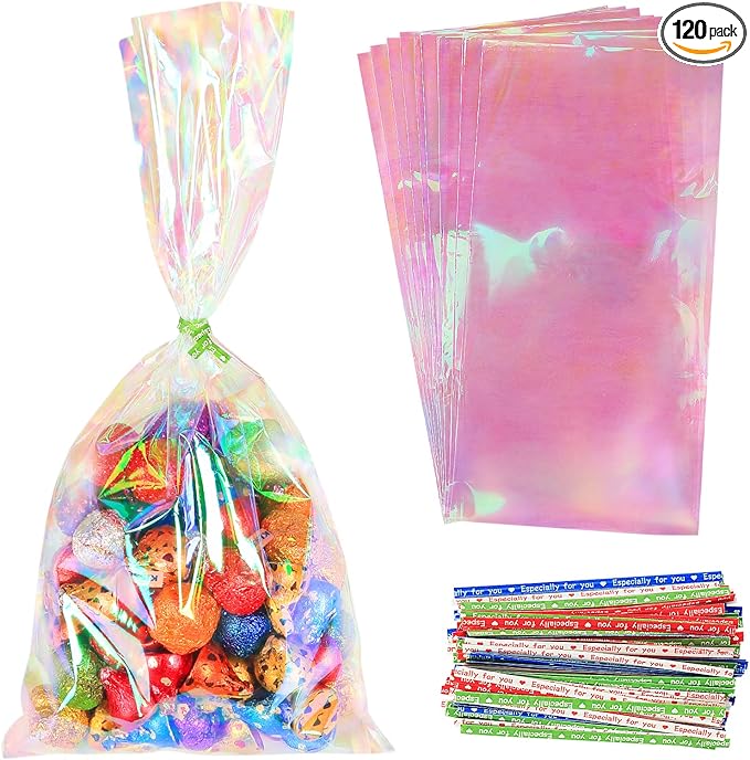 HRX Package 120pcs Iridescent Cellophane Treat Bags with Ties, 6x12 inch Holographic Plastic Goody Bags for Candy Party Favors Small Gifts