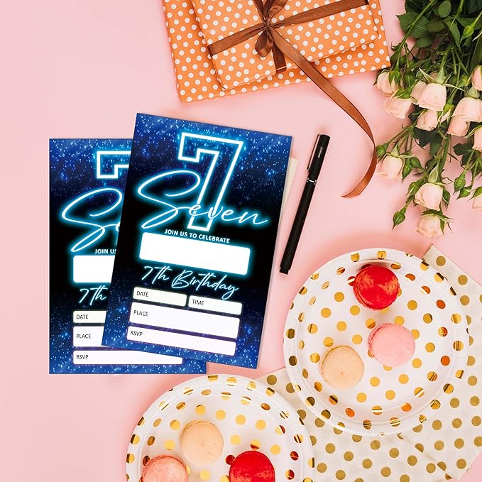 SIXEIGHT Blue 7th Birthday Invitations for Boys, Neon Glow Party Invitations for Girls Kids, 20 Pack Double Sided Invite Cards with Envelopes, 7th Glow Neon Birthday Party Decorations, 4x6 Inch-C07