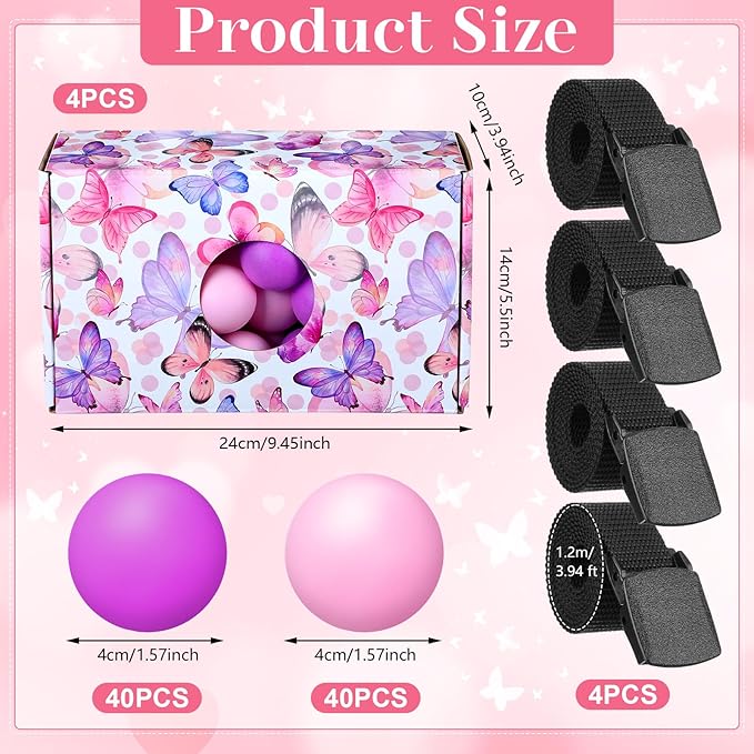 4 Sets Spring Party Games Pink Purple Butterfly Shake Box, 4 Adjustable Belts and 80 Balls, Swing Shaking Balls Set for Adults Tea Garden Outdoor Indoor Group Party Game