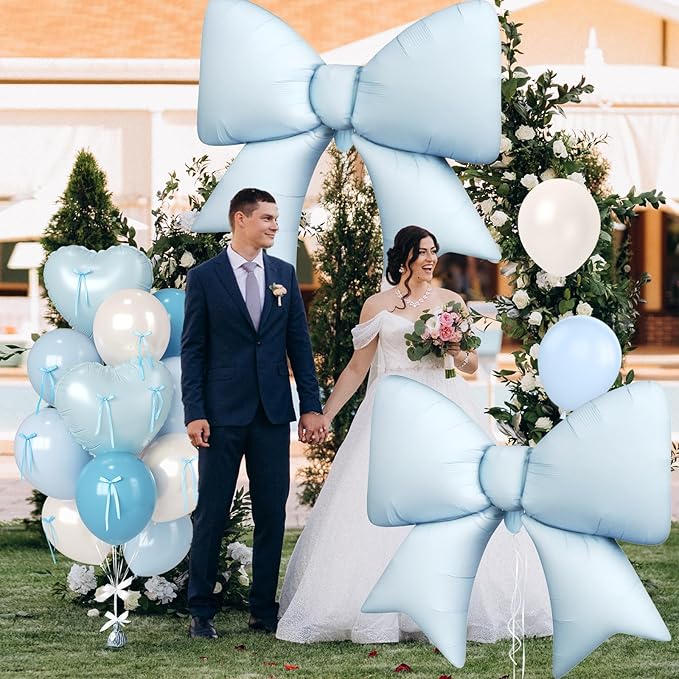 Paready Baby Blue Heart Balloon, 38 Inch Bow Balloons, Pearl Sand White Dusty Blue Latex Balloons and Bow Heart Shaped Foil Balloon for Boys Birthday Wedding Bridal Baby Boy Shower Valentine Decor