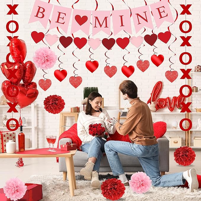 Upgraded Valentines Day Decorations Set Pre-Assembled Hanging Heart Swirls,BE Mine Banner,Heart XO Garlands Banner for Valentines Wedding Engagement Anniversary Party