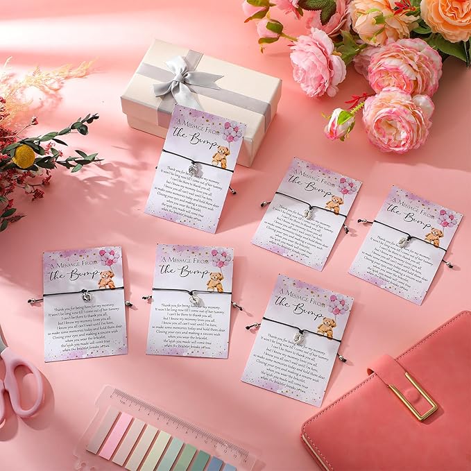 Thyle 50 Set Pink Bear Baby Shower Favors for Guests Adjustable Bracelets with Message from the Bump Card Footprints Charm Baby Shower Bracelets for Gender Reveal Thank You Gifts