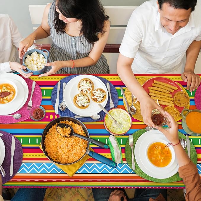 2 Pcs Cinco De Mayo Table Cloths 54 x 108 Inch Mexican Taco Night Colorful Stripe Patterns Plastic Disposable Rectangle Tablecloth for Fiesta Dining Picnic Party Table Cover Supplies