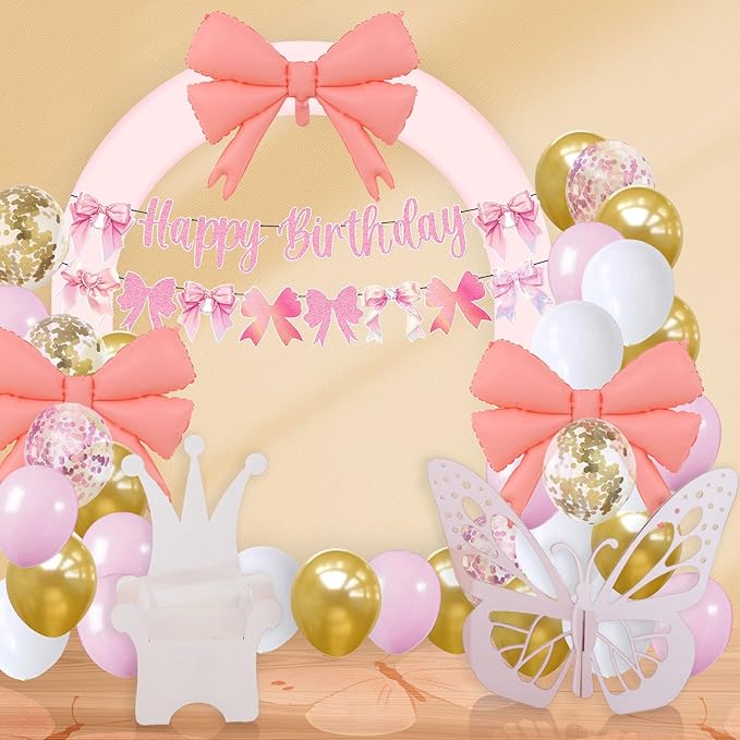 Bow Happy Birthday Banner Set Birthday Decoration Bow Balloon Confetti Latex Balloon Bow Theme Birthday Party Decoration Supplies