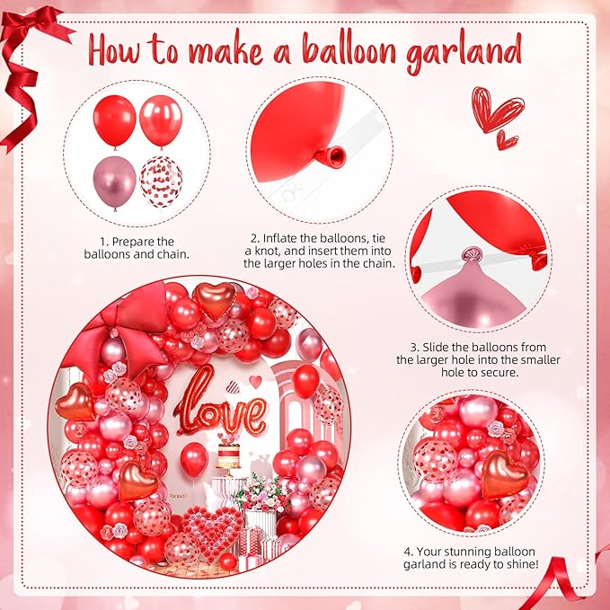 Red Balloons Arch Kit, Metallic Red Pearl Balloon Valentine Garland Arch, Heart Confetti Balloons Bow Heart Love Foil Balloon For Valentine's Day Birthday Baby Shower Party Wedding Engagement Decor