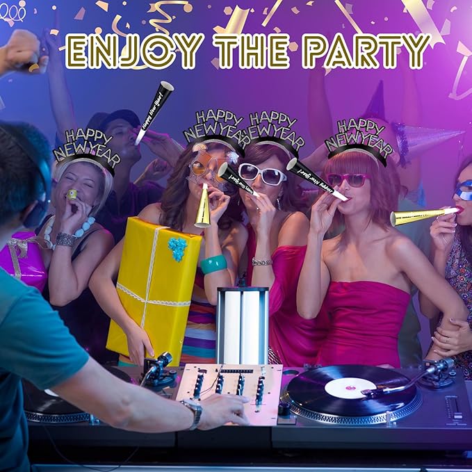 Shappy 24 Pcs 2026 New Year Party Supplies Happy New Year Headband Horn Sounder Noisemakers Eve Party Decorations