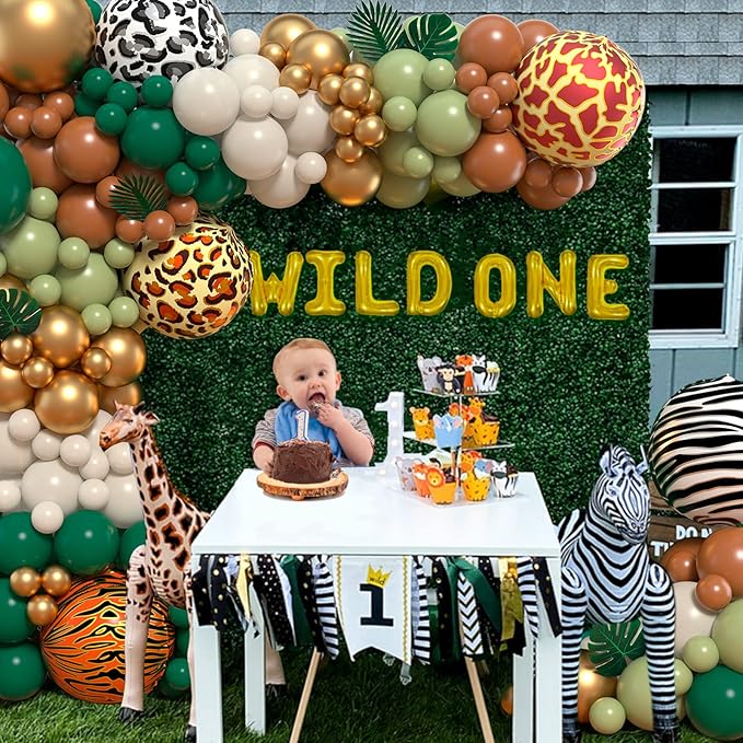 Safari Balloon Garland Arch Kit, JOGAMS 163Pack Jungle Balloon Arch with Sage Green Brown Animal Printed Balloons Leaves for Safari Wild One Jungle Theme Birthday Baby Shower Decorations for Boy