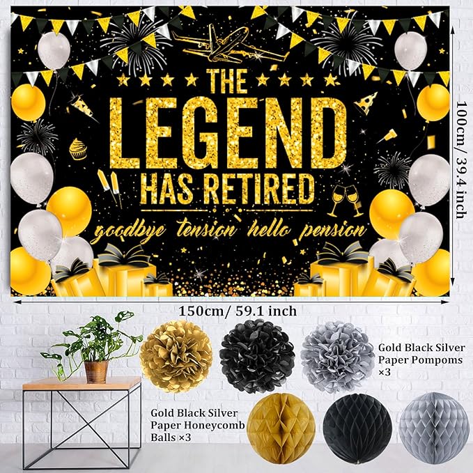 Retirement Party Decorations Men Women, Black Gold Happy Retirement Decorations, Happy RetIrement Banner, Retired Backdrop, Balloons, Pompoms, Hanging Swirls, Retired Cards, Cake Toppers Set 54pcs