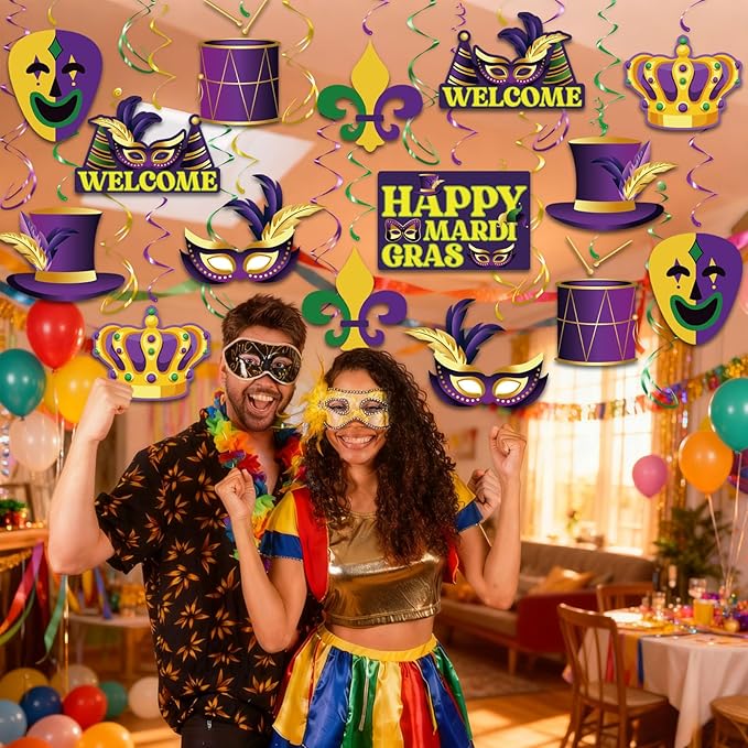 Mardi Gras Hanging Swirls, 45Pcs Happy Mardi Gras Ceiling Streamers Swirl Hanging Crown Mask Decorations for Masquerade New Orleans Party Suppies