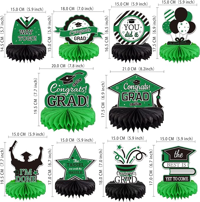 10PCS Graduation Decorations Class of 2025 Centerpieces, Congrats Grad Honeycomb Table Toppers for Graduation Party Favors, 2026 Graduation Party Decorations (10PCS, Green & Black)