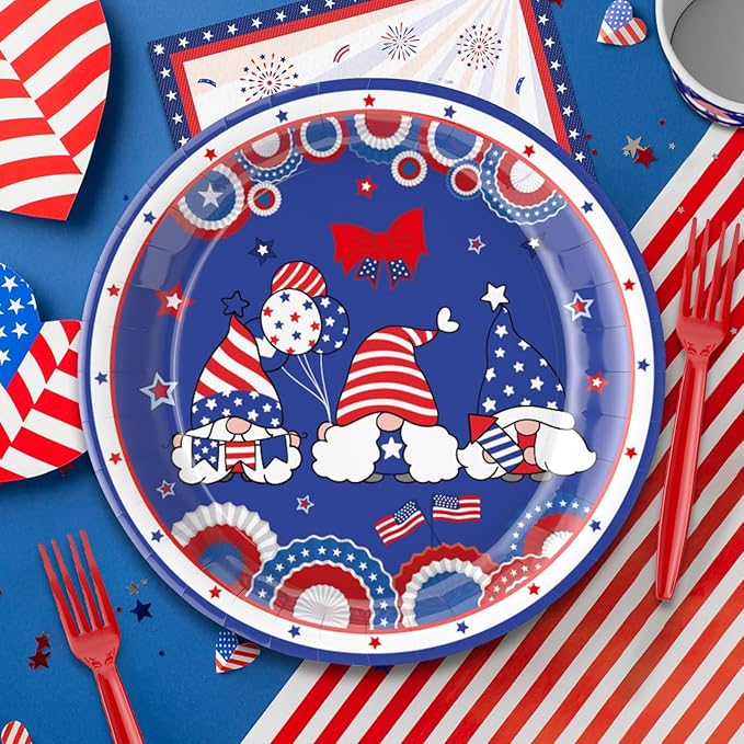 122 PCS 4th of July Plates and Napkins Sets, Independence Day Party Supplies Include Patriotic Plates and Napkins,Cups,Forks,Banner and Tablecloth for Patriotic 4th of July Party Decorations, Serve 24