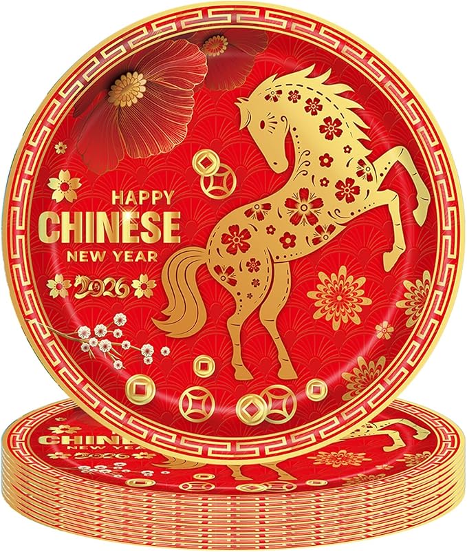 24 Pieces Chinese New Year 2026 Paper Plates – 9 Inch Red and Gold Horse Design Disposable Dinner Plates for Lunar New Year Party, Spring Festival, and Year of the Horse Celebrations