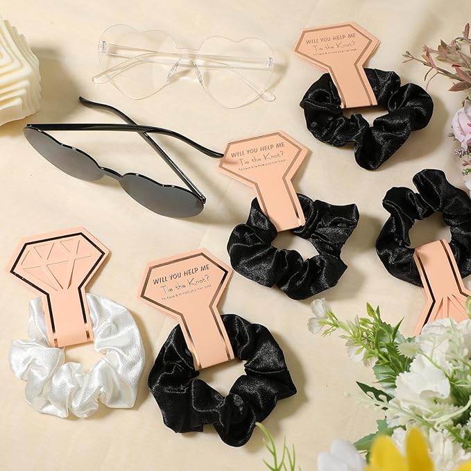 Sweetude 27 Pcs Bridesmaid Proposal Gift Bride Cosmetic Makeup Bags Bridal Hair Scrunchies Ties Heart Shape Sunglasses for Wedding Bachelorette Party Favor(Black, White)