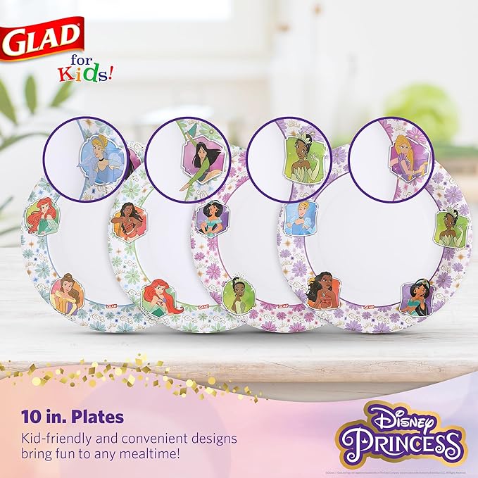 Glad for Kids Disney Princess Disposable Paper Plates, Floral Frames - Heavy Duty, Soak Proof, Microwavable, Kid-Friendly Snack Plates for Everyday Use, 10 Inch, 30 Count