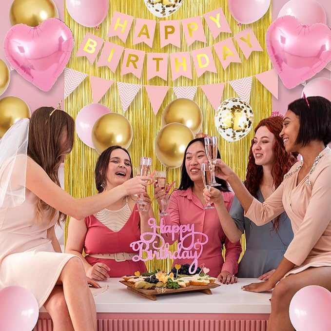 Pink Gold Birthday Decorations for Girls,Happy Birthday Decorations for Women,Gold Fringe Curtain Happy Birthday Banner Pink Heart Foil Balloons for Birthday Party Decoration