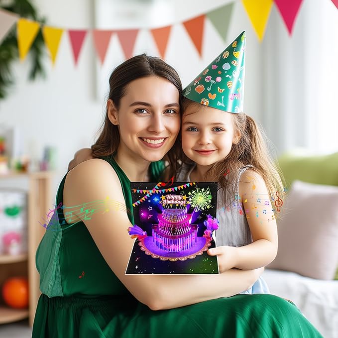 GREETING ART 3D Pop Up Firework Birthday Cards, Musical & LED Lights Birthday Cards with Birthday Cake, Happy Birthday Card Postcards Greeting Cards for Women, Men, Kids