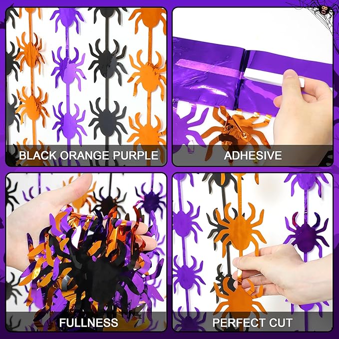 Halloween Party Decorations,2 Pack Orange Purple Black Spider Metallic Foil Fringe Curtains, 3.3 X 6.6 Ft Photo Booth Props Streamers Backdrop for Halloween Party Supplies Haunted House Decor