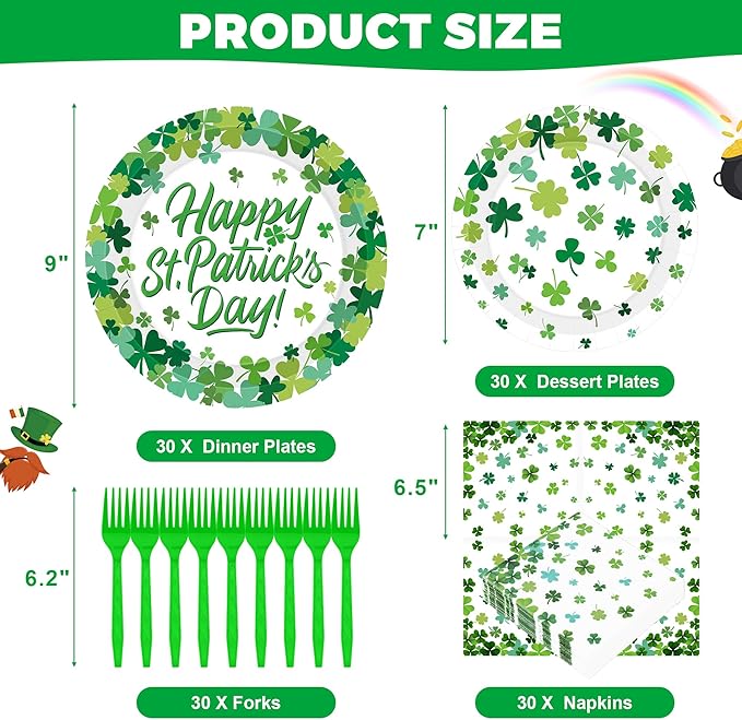 QZYL 120 PCS St Patricks Day Plates and Napkins, Disposable St Patricks Day Decor, 30 Sets Green Paper Plates Forks Dinner Plates Dessert Plates Shamrock Napkins, St Pattys Day Decorations