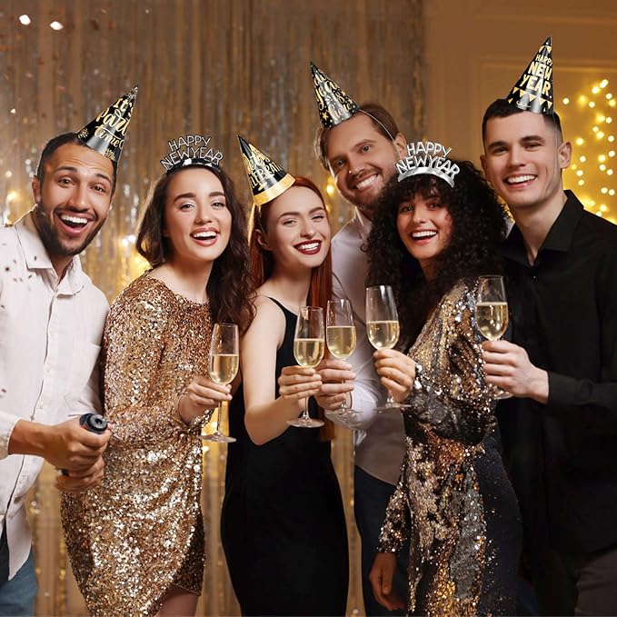 New Years Eve Party Supplies 2026 64PCS Happy New Years Decoration Hats Headband for 2026 Party Props Festival Decorations Count Down NYE Party Supplies Favors (Black-1)