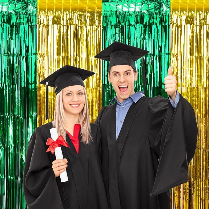 6Pack 3.3Ft x 6.6Ft Graduation Foil Fringe Curtain Backdrop Decorations, Green Gold Metallic Tinsel Foil Streamers Curtain Photo Booth Background for Graduation Prom Wedding Birthday Party Decoration