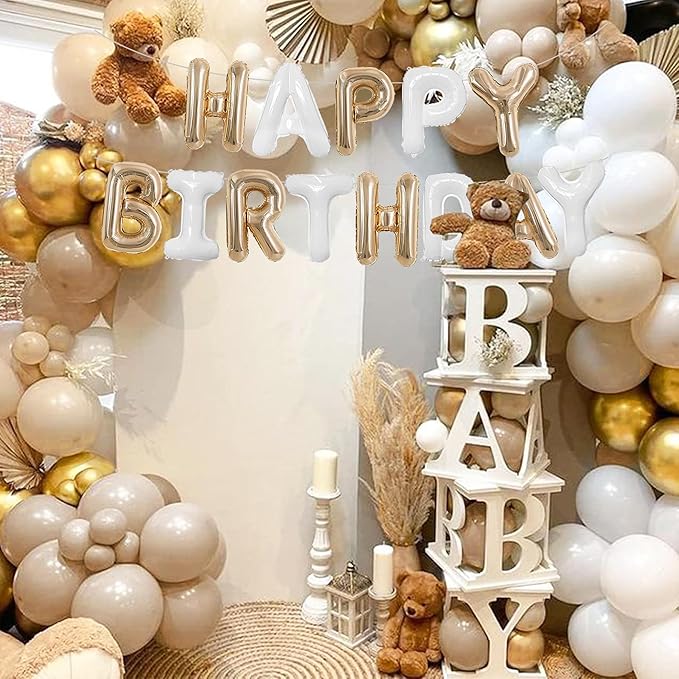 TONIFUL Happy Birthday Balloons Banner 16 Inch Mylar Foil Letters Birthday Sign Reusable for Girls Boys Kids & Adults Birthday Party Decorations Supplies（Champagne Gold White）