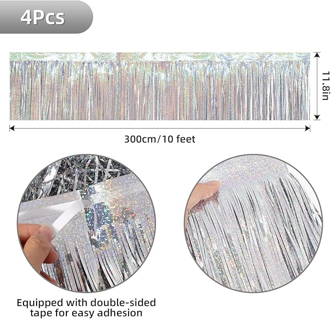 4 Packs Foil Fringe Garland Tinsel Streamers Shiny Wall Hanging Birthday Banner Backdrop for Graduation Wedding Anniversary Celebration Happy Birthday Party Decorations Glitter Silver
