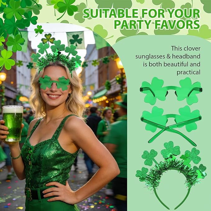 Semato St. Patrick’s Day Headband with Green Clover Sunglasses for St. Patrick’s Day Accessories Shamrock Irish Carnival Party Favors