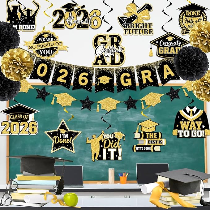 Black and Gold Graduation Decorations, 2026 Grad Banner and Congrats Grad Hanging Swirls, Black and Gold Graduation Banner Graduations Hanging Swirls College Graduations Party Decoration Class of 2026