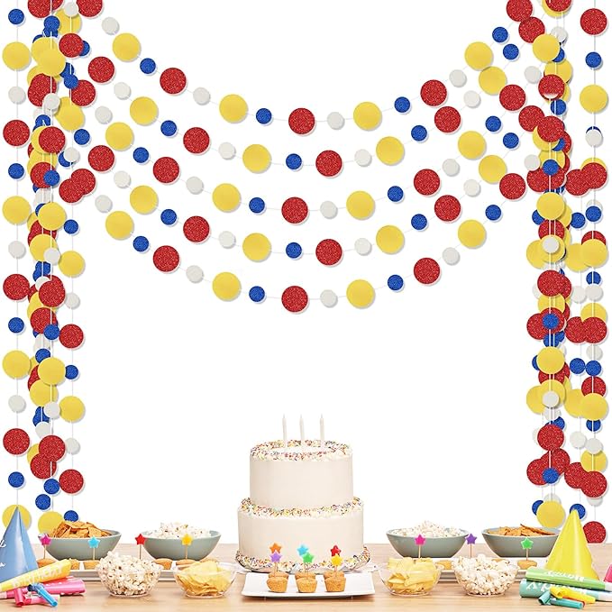 Outus 5 Pieces Colorful Dots Paper Garland Easter Decor Round Glitter Hanging Confetti Streamers Backdrop for Spring Birthday Classroom Halloween Trunk or Treat Car Decoration (Red,Blue,Yellow)