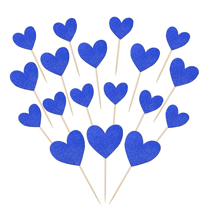 30 PCS Love Heart Cupcake Toppers Glitter Bridal Shower Sweet Love Cupcake Picks for Wedding Engagement Valentine's Day Baby Shower Birthday Party Cake Decorations Supplies Deep Blue