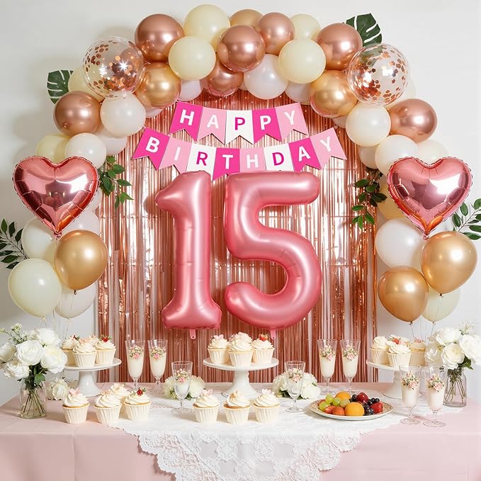 15th Birthday Decorations for Girls, Rose Gold Quinceanera Party Supplies Set with Mis Quince Banner, Number 15 Balloon and Foil Fringe Curtains