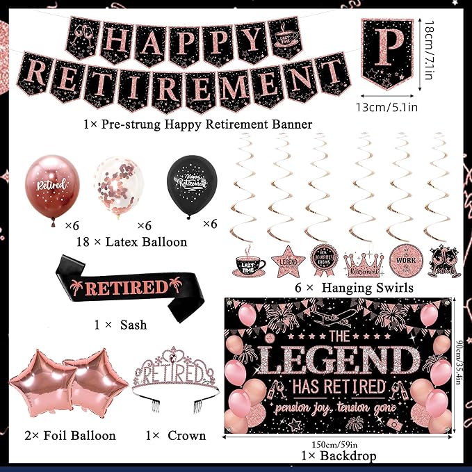 Roetyce Retirement Party Decorations Women, Black and Pink Happy Retirement Banner Backdrop Balloon Hanging Swirls for Coworker, Rose Gold Lengend Has Retired Sash & Crown, Office Retired Background