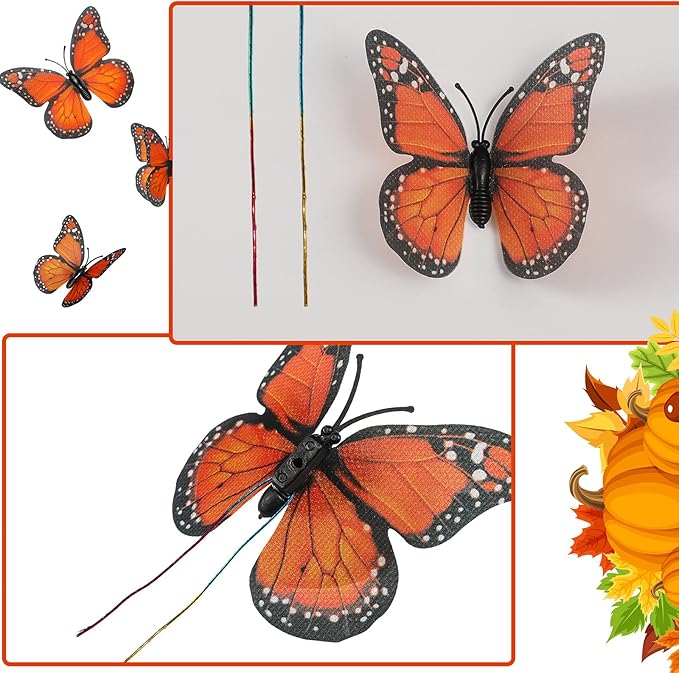 Waydress 24 Pieces Halloween Monarch Butterfly Decorations 3 Size Artificial Monarch Butterflies Wall Decor 3D Butterfly Wing Wall Art with Wire for Fall Wedding Home Bedroom Decorations(Orange)