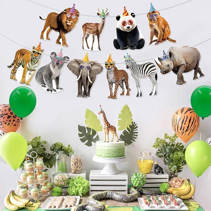 Hooqict Safari Animals Happy Birthday Banner Animal Birthday Decorations Party Animal Banner Garland Sign for Jungle Theme Decorations Kids Wild Zoo Party Supplies