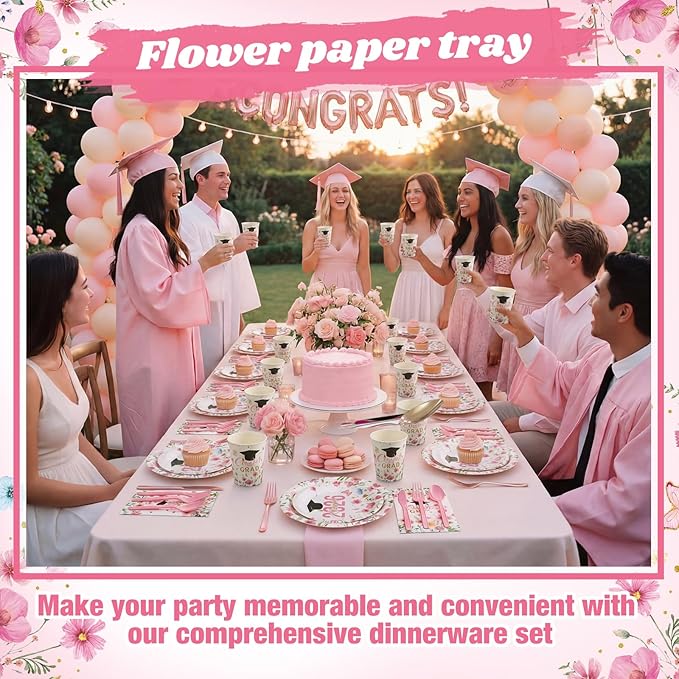 400 Pcs Class of 2026 Pink Floral Graduation Decorations for 50 Guests, Pink Gold Flower Graduation Paper Plates Napkins and Cups Cutlery Grad Tableware for 2026 Congrats Grad Party Supply