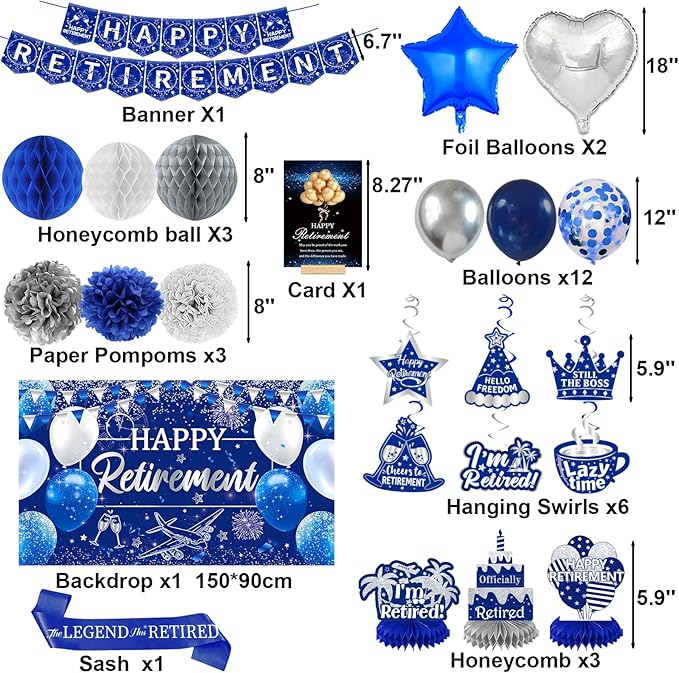 Happy Retirement Party Decorations for Men Women Blue Silver Happys Retirements Decorations Happy Retirements Banner Backdrop Card Retirement Sash Hanging Swirls Foil Balloons Honeycomb Centerpieces