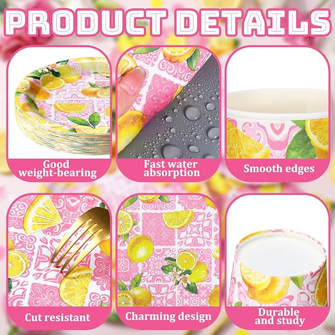 Hsei 250 Pcs Pink Lemon Birthday Party Decorations Lemon Plates and Napkins Pink Baby Shower Birthday Supplies Set Disposable Plates Napkins Cups for Bridal Baby Shower Party Supplies