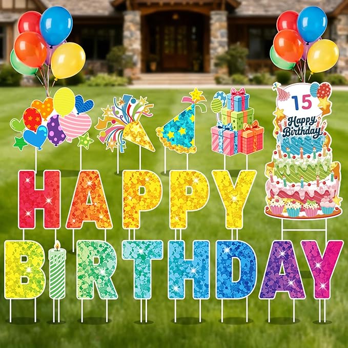 Happy Birthday Yard Sign Outdoor Decorations - 19 PCS Set with 16" Letters, 30" Large Cake Sign on H-Shaped Metal Stand, 32.8 Ft LED Lights & Stakes for Lawn Garden Happy Birthday Yard Sign With Stakes
