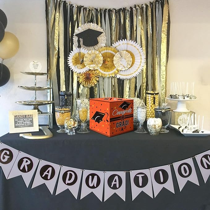 Graduation Card Box, Graduation Party Decorations 2025, Orange Graduation Box, Graduation Card Holder, Foldable Cardboard Congrats Grad Card Gift Box for Graduation Party Supplies Party Favors