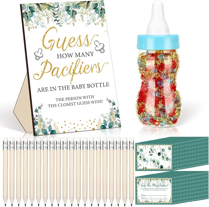 Syhood Greenery Baby Shower Games Guess How Many Pacifiers Sage Game Sign 50 Small Guessing Games 20 HB Pencils 750 ml Milk Bottle 400 Acrylic Pacifiers Decorations Guests Gender Reveal Party Favors