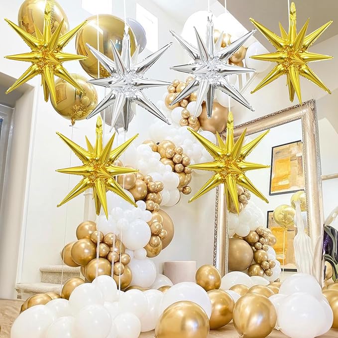 6PCS Gold Silver Star Balloons, 22Inch Large Star Balloon Foil Spike Cone Balloon for Birthday Anniversary Festival Christmas New Year Party Decorations