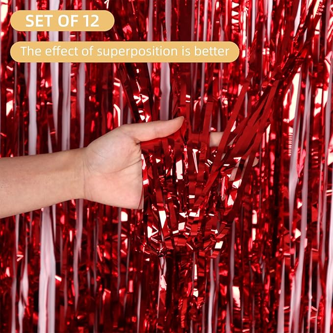 12 Pack Red Foil Curtain Backdrop 3.2ft x 6.6ft Metallic Tinsel Fringe Backdrop Curtains Streamer Photo Booth Backdrop for Birthday Engagement Bachelorette Christmas Holiday Party Decorations