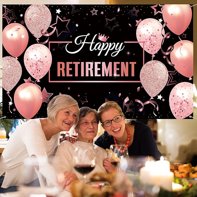 Blulu Retirement Party Decorations, Extra Large Fabric Retire Sign Banner Photo Booth Backdrop Background with Rope for Retirement Party Favor(72.8 x 43.3 Inch,Black and Rose Pink)